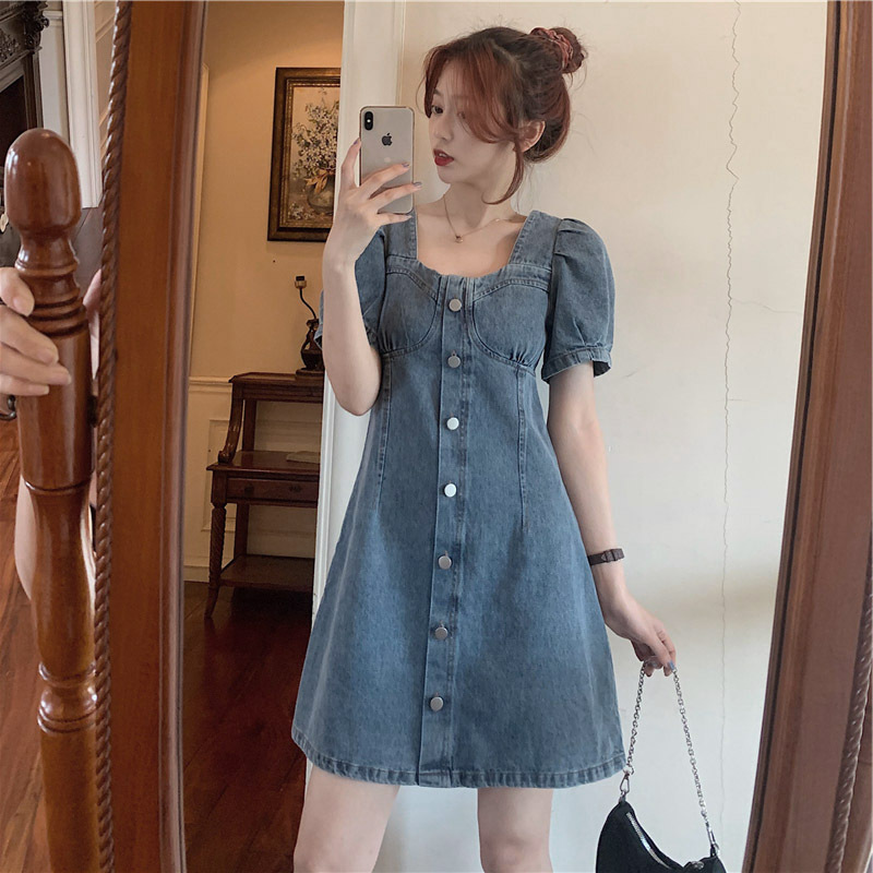 Denim Dress Women's Summer French Niche Elegant Tight Waist Short Bubble Sleeve Long Short Skirt Large Size Short Sleeve