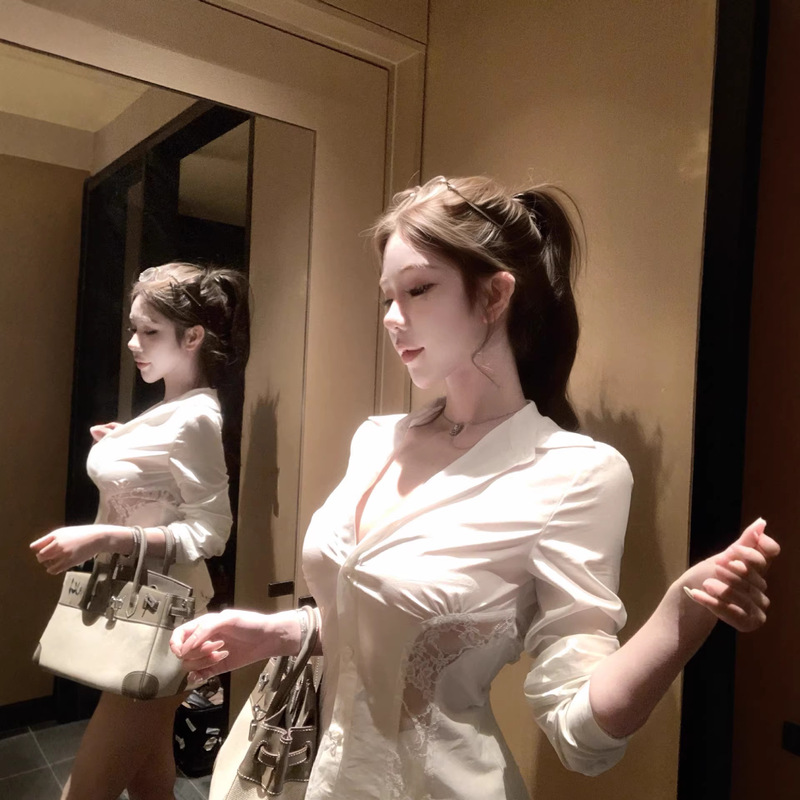 Kubiliv High-Intelligence Girlfriend Pure Desire Sexy Hollow Lace Patchwork Slim-Fit Waist-Cinching Slimming Shirt Top