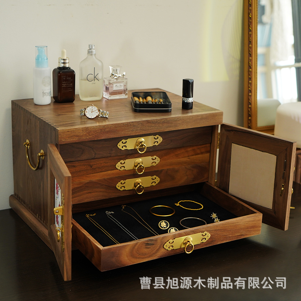 现货家用中式黑胡桃首饰柜 实木珠宝收纳盒木质带抽屉首饰收纳箱