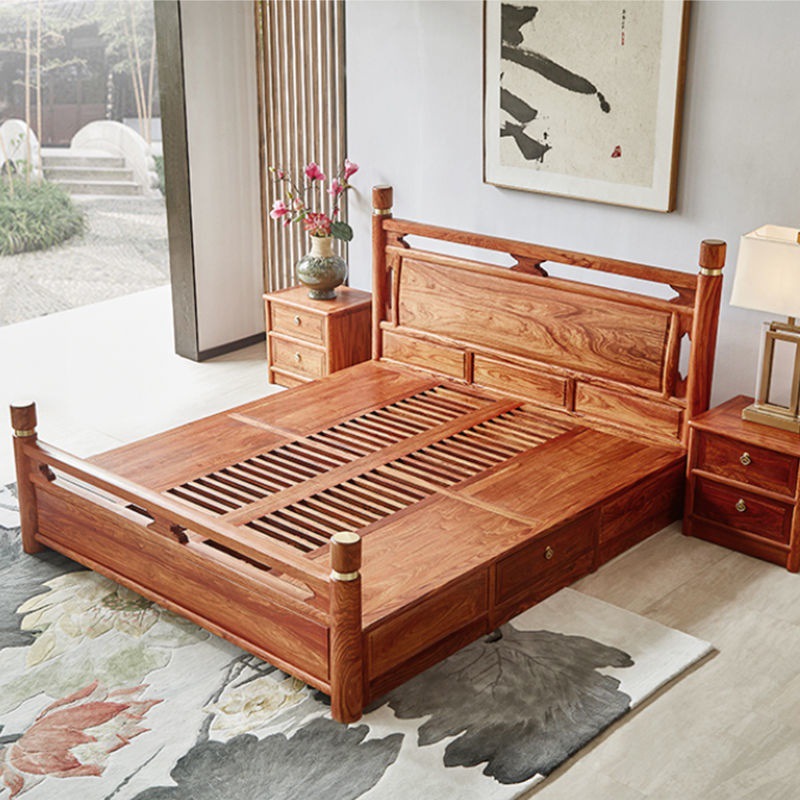 红木新中式大床刺猬紫檀1.8米双人床花梨木实木婚床卧室家具