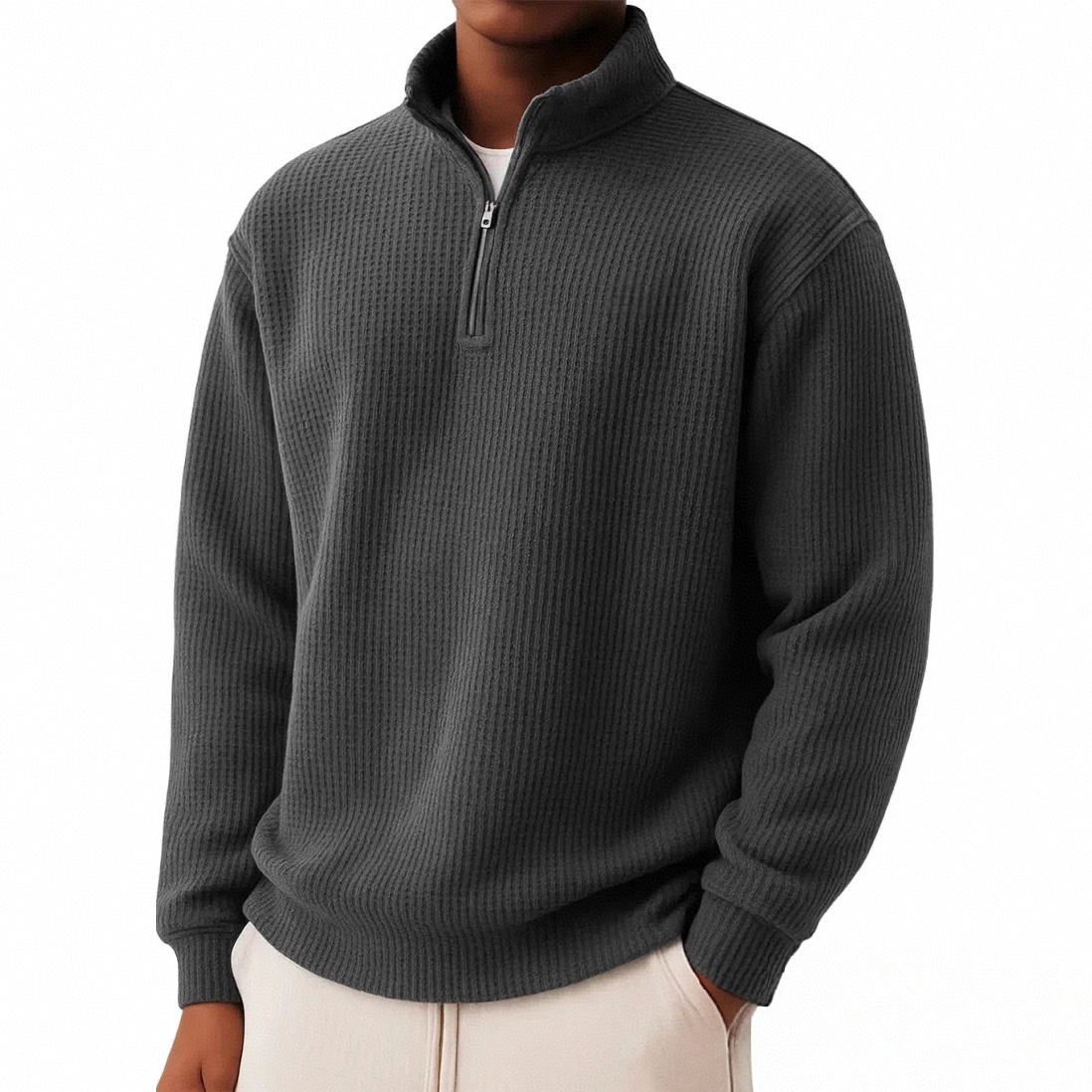 Herren Polo Pullover Mit Reißverschluss Herbst Winter Einfarbig_voghion.com
