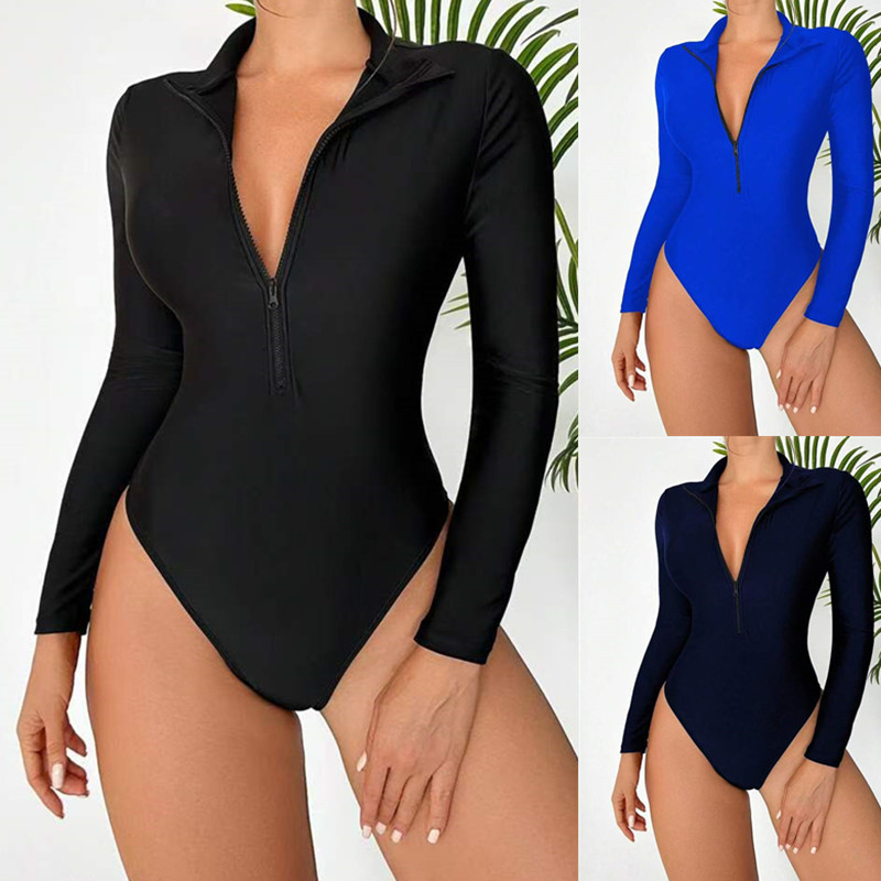 Langxin 2026 New European and American Long-Sleeved One-Piece Swimsuit Wetsuit Zipper Surfing Suit Sexy Tight Export Swimsuit