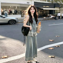 蕾丝拼接牛仔盘扣马甲阔腿裤套装女2026夏新款休闲显瘦百搭两件套