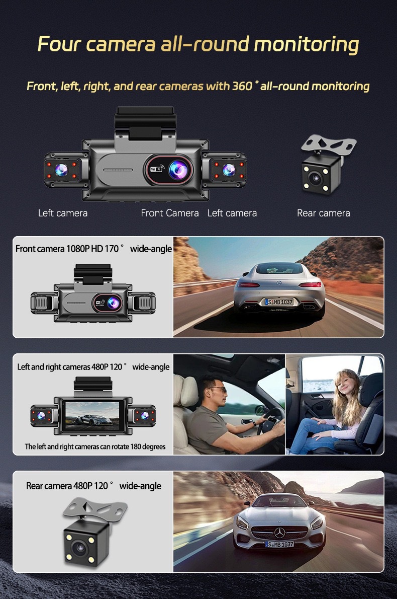 Cross-Border 3.0inch Hd Dash Cam with Four Cameras, Wifi Mobile Phone Connectivity, High-Definition Night Vision, Four-Lens Video Recording