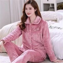 法兰绒大码居家桃粉睡衣睡衣套装加厚玫瑰长袖宽松秋冬珊瑚绒加绒