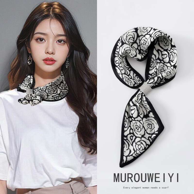 (스트리머얀) 블랙 스플래시 잉크 로즈 스몰 이어 스카프 13*75cm