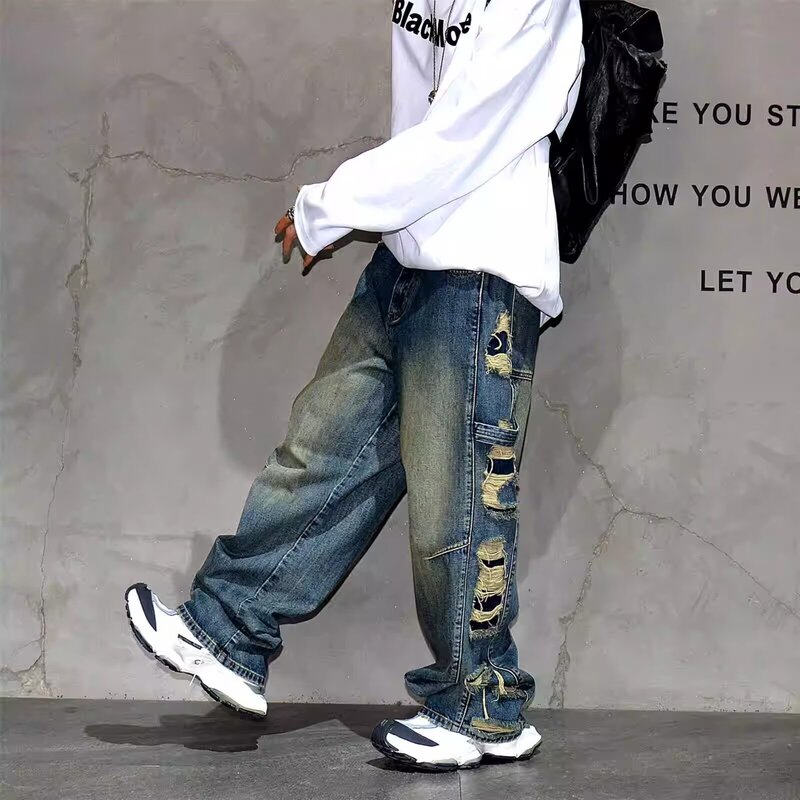 Cross-Border 2025 Summer Street Style High-Waisted Washed Side Large Hole Wide-Leg Handsome Slimming Distressed Jeans