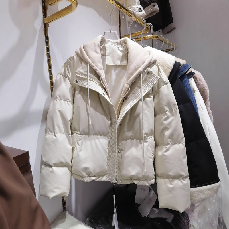 Korean-Style Original Foreign Trade down Cotton Jacket for Women, Pu Waterproof, 2026 New Model, Faux Two-Piece Hooded Coat, Thickened Korean-Style Original Foreign Trade down Cotton Jacket for Women, Pu Waterproof, 2026 New Model, Faux Two-Piece Hooded Coat, Thickened