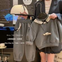 2025新款花边卫衣套装秋冬女童加绒加厚蝴蝶结卫衣卫裤两件套