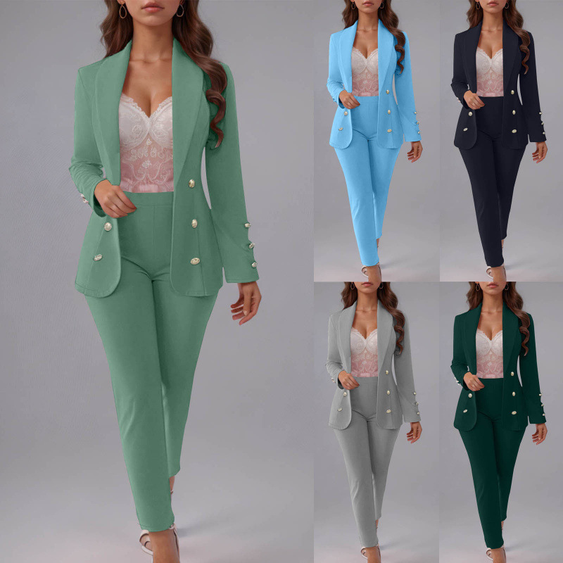 Women's Button-Up Blazer Set – Slim Fit Notch Lapel Suit Jacket & Pants (S-3XL, Poly-Spandex, Wrinkle-Free Office Wear)​_ecoleips.com