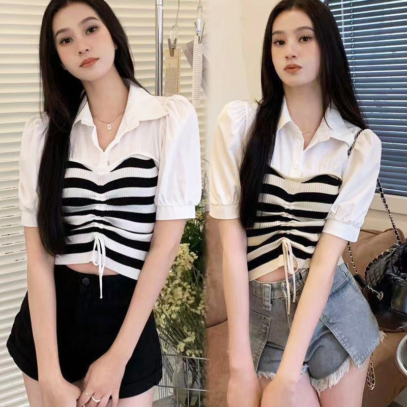 2025 New Summer Style Korean Style Knitted Lining Gauze Splicing Stripesd Lapel Women's Drawstring Puff Sleeve Design 2025 New Summer Style Korean Style Knitted Lining Gauze Splicing Stripesd Lapel Women's Drawstring Puff Sleeve Design