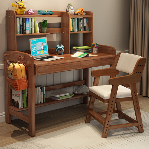 Light luxury all-solid wood children's desks and chairs, the table can be raised and lowered, Nordic household simple computer desk, desk and bookshelf combination