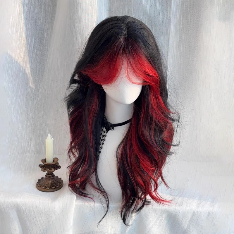 [Bloody Mary] Wig Women's Punk Style Black and Red Bangs Dye Middle Spotted Long Curly Hair Personality Full Headgear