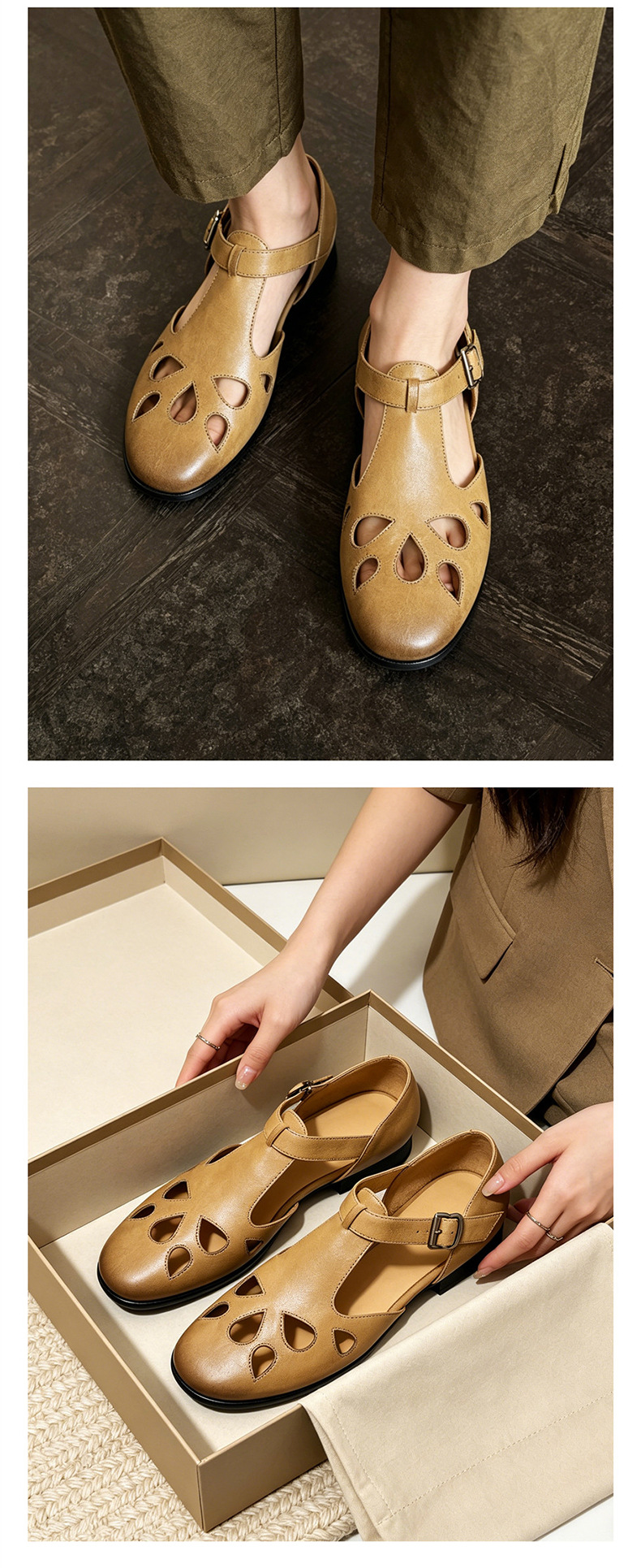 Sandal nữ da bò đục lỗ quai chữ T cổ điển, mũi kín gót bệt — màu nâu chi tiết 23