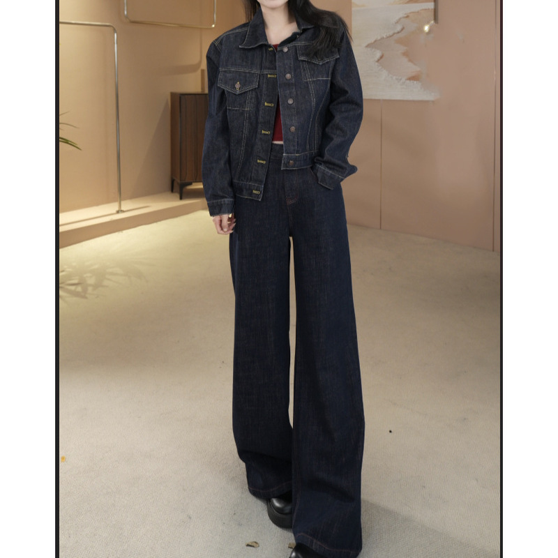 Fade-Resistant Denim Black Gold Denim Blue Autumn and Winter New Straight Wide-Leg Loose Slimming Versatile Women's Slim-Fit Jeans