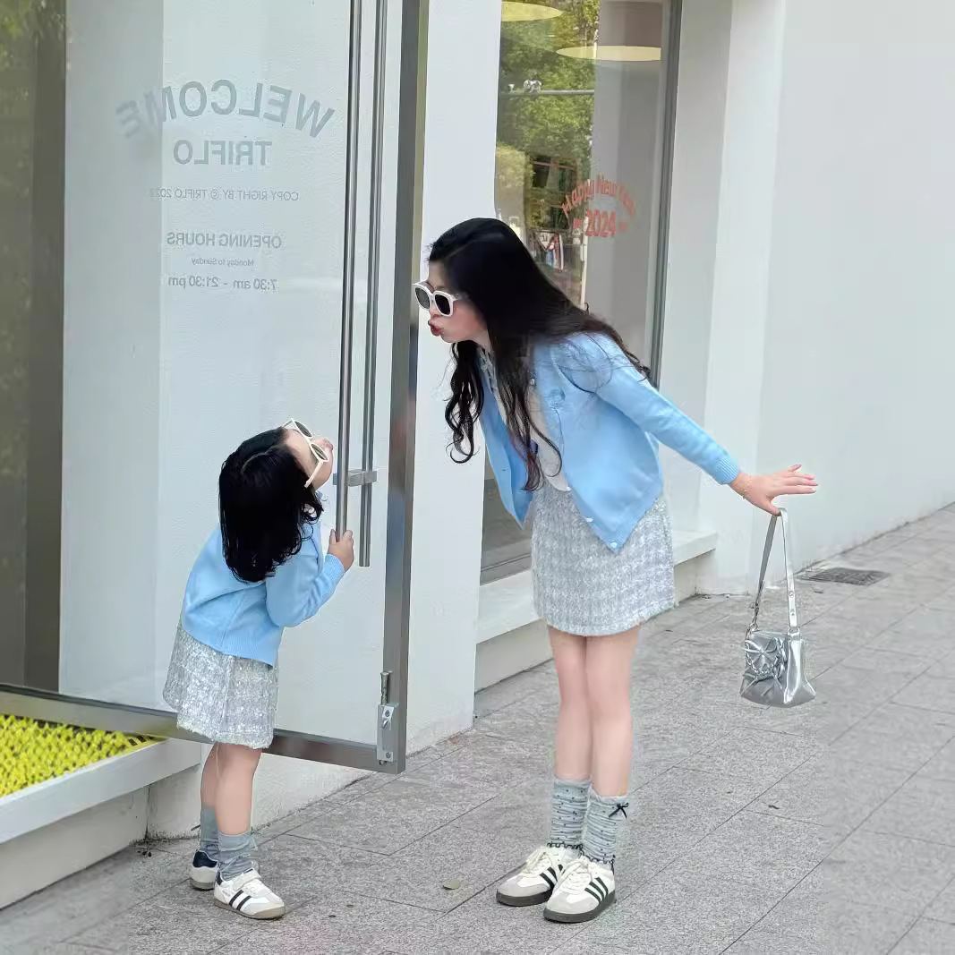 亲子装蝴蝶结假两件挂脖长袖套装女春季收腰紧身甜辣妹女童母女装