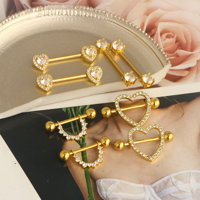 Rose Gold 4 Pairs Breast Ring Set Stainless Steel Zircon Diamond-embedded Nipple Jewelry Wholesale detail image 13