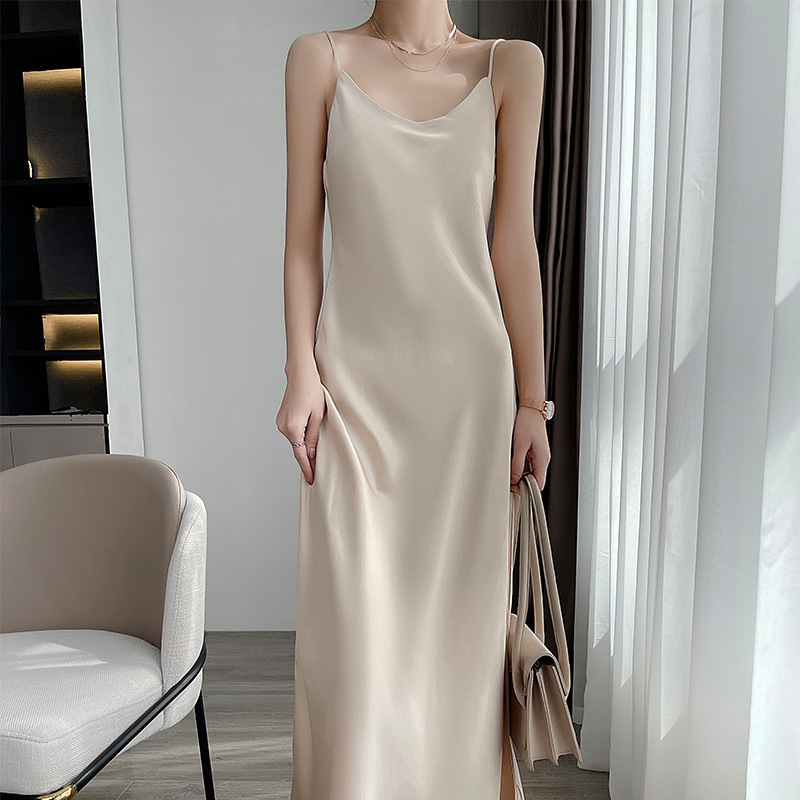 2023 Summer new long dress sleeveless off-shoulder light luxury Mulberry silk acetate satin silk suspender dress for women