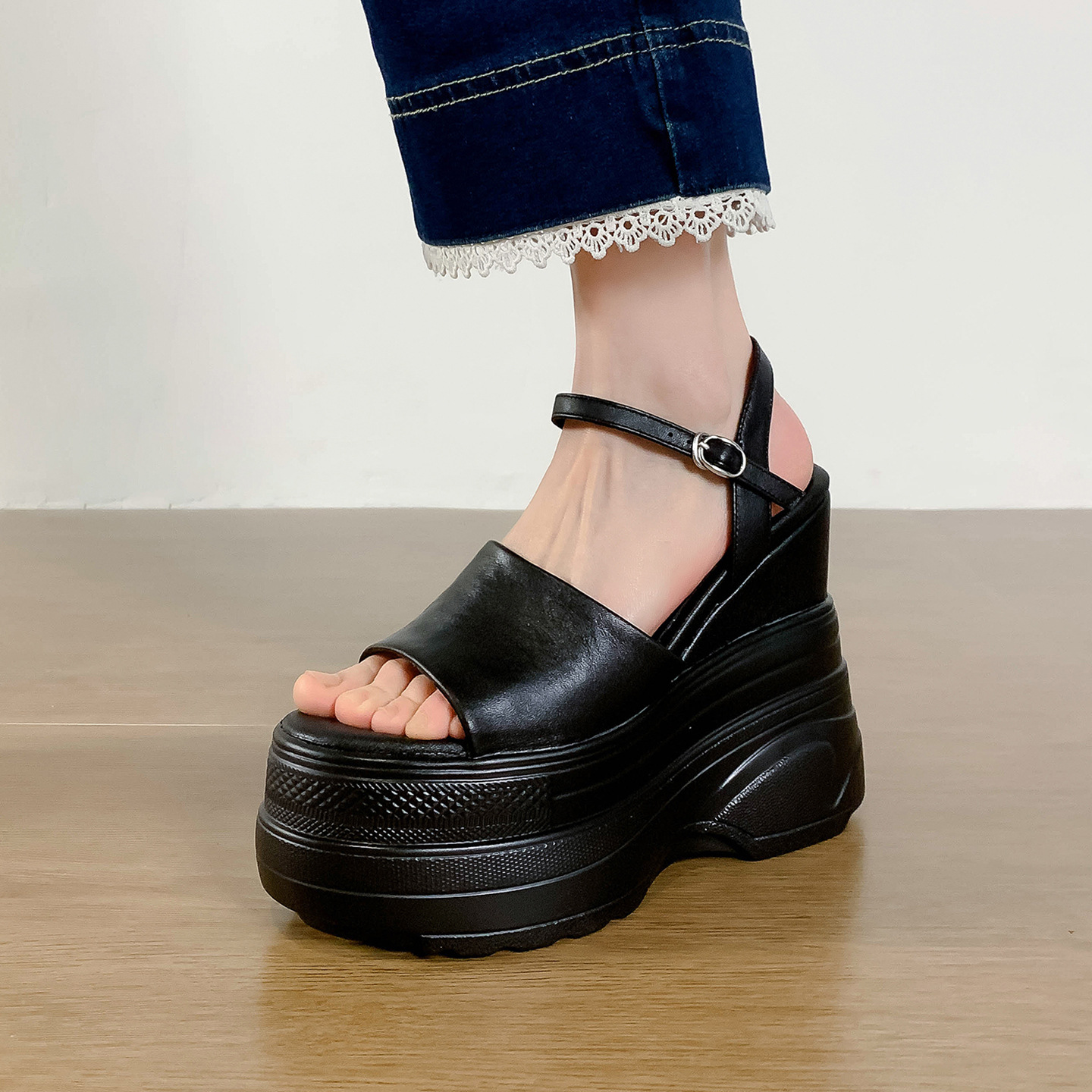 Sandal nữ đế dày da bò cao gót 14 cm phong cách La Mã — màu đen, màu trắng, màu mơ