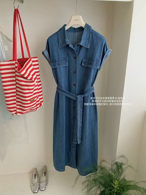 法式高级感减龄牛仔衬衫连衣裙女2025夏季新款绑带收腰气质长裙子|undefined
