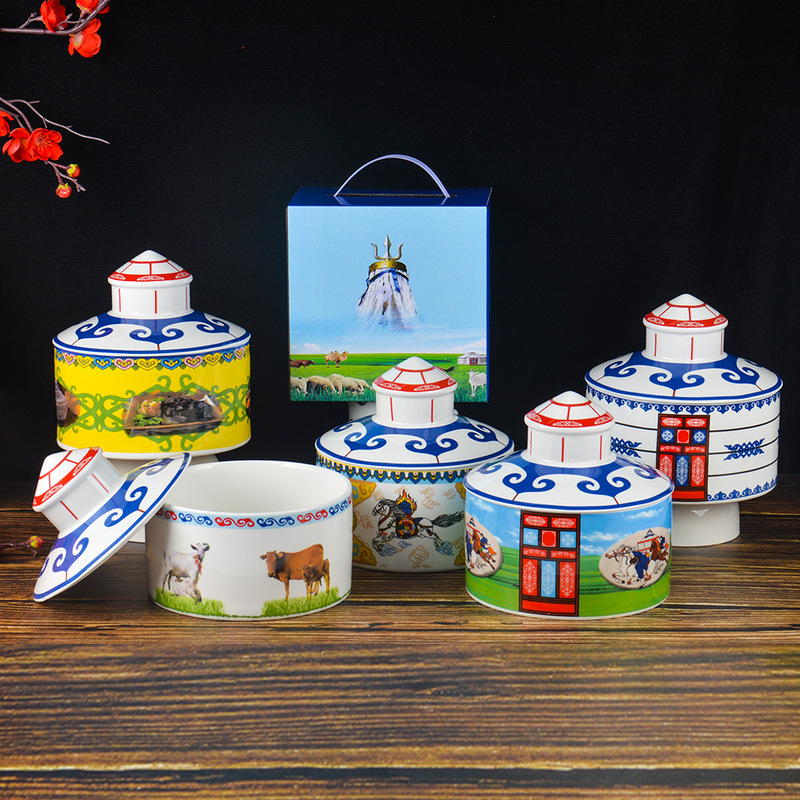 Ceramic Mongolian Elements Ethnic Characteristic Set Butter Tea Tall Bowl Xizang Bowl Tableware Return Gift Gift Plus Words