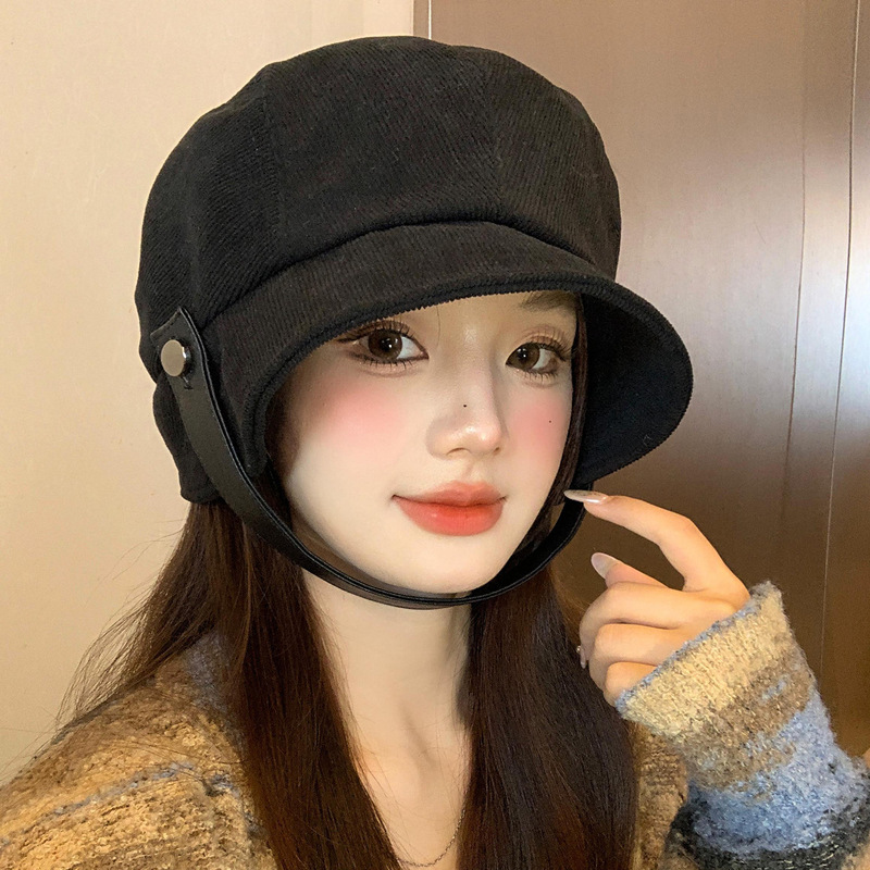 日系灯芯绒黑色渔夫帽女休闲百搭素颜盆帽大头围显脸小水桶帽子潮|undefined