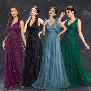 Guangzhou Jiayi Clothing Cross-Border Evening Dress Spray Gold Sequins New Ladies Bow Elegant V Neck Bridesmaid Dress