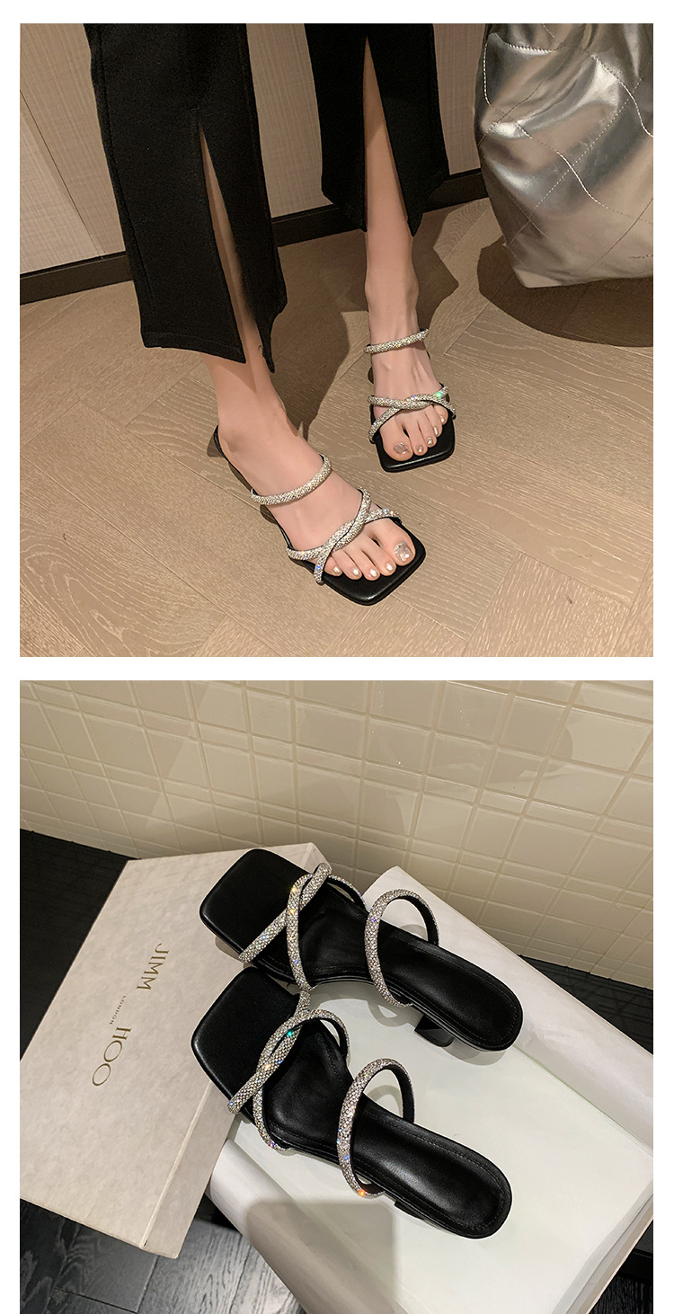 Dép sandal cao gót nữ quai mảnh đính đá mũi vuông gót dày 9 cm — đen, màu hồng, trắng chi tiết 16