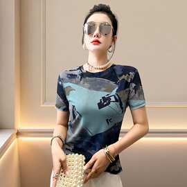 洋气晕染印花网纱短袖T恤女 圆领定位花修身打底衫潮时尚上衣女