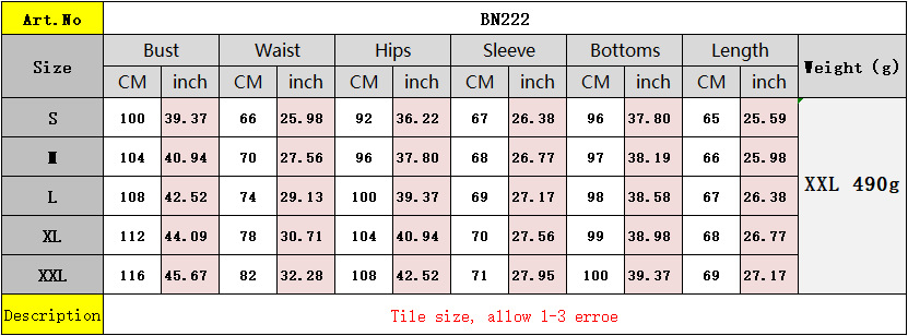 BN222英文尺寸表