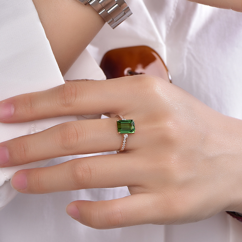 New Simulation Green Tourmaline Ring Plated 18k Rose Gold Inlaid Emerald Open Ring Female display picture 2