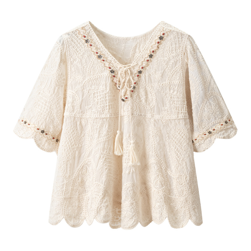 2026 Spring and Summer New Bohemian Style Apricot V-Neck Embroidered Lace Three-Quarter Sleeve Shirt Niche Top 2026 Spring and Summer New Bohemian Style Apricot V-Neck Embroidered Lace Three-Quarter Sleeve Shirt Niche Top