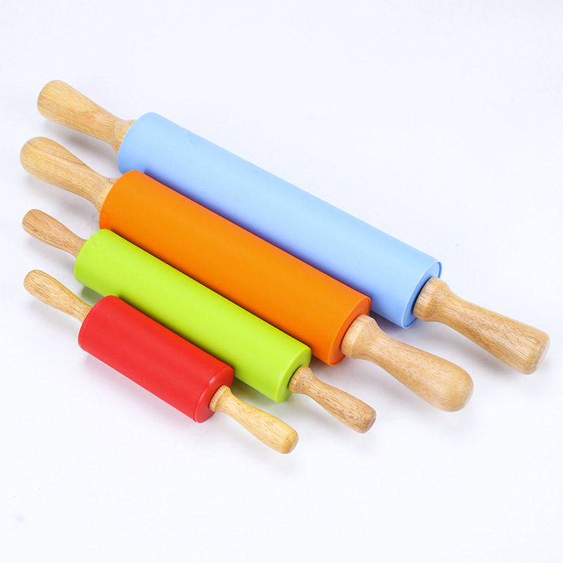 Amazon Best Seller Silicone Rolling Pin with Wooden Handle and Non-stick Flour Roller for Dumpling Making, Baking Tool