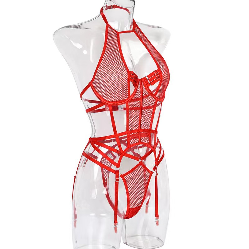 Red Strapped In Sheer Lingerie Bodysuit