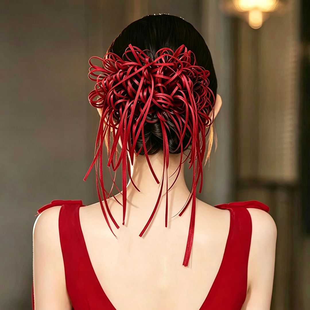 Dreamy and ethereal red bridal toast dress with new unique and niche design, featuring a distinctive back area styling and engagement headpiece