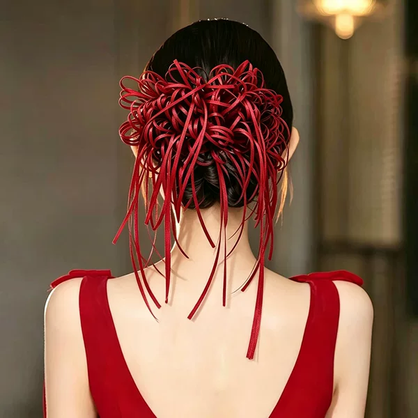 Dreamy and ethereal red bridal toast dress with new unique and niche design, featuring a distinctive back area styling and engagement headpiece