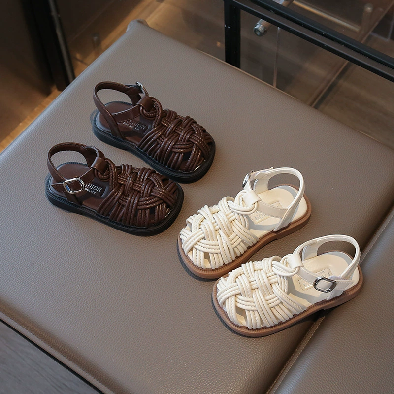 Детские сандалии с открытым носком, лето 2025, новые, плетеные, дышащие, римские, пляжные, модные
