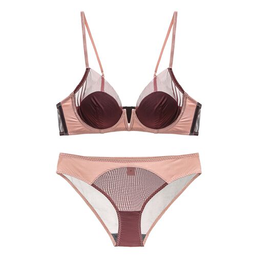 French-style mesh lace bra with soft wire for shaping, thin cup bra, sexy glossy finish, set includes briefs, wholesale factory supply