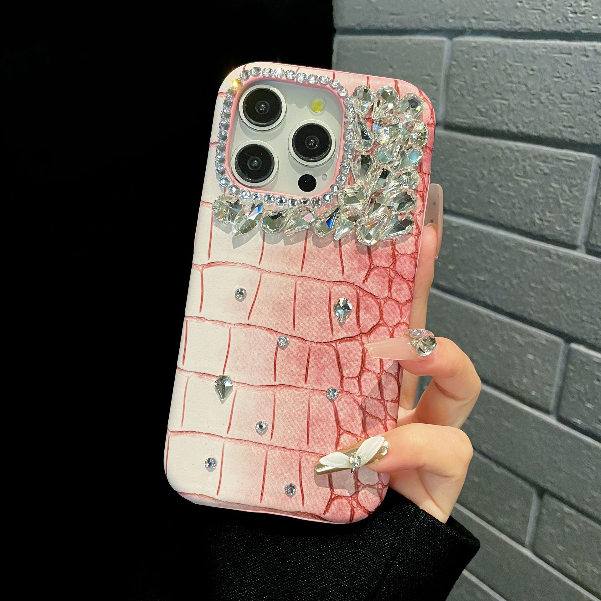 Ốp lưng điện thoại nửa cứng vân cá sấu pha lê lấp lánh cho iPhone 7-15 — Màu xanh quân đội kim cương lấp lánh, Hoa violet kim cương lấp lánh, Hồng lấp lánh, Xanh denim kim cương lấp lánh chi tiết 7