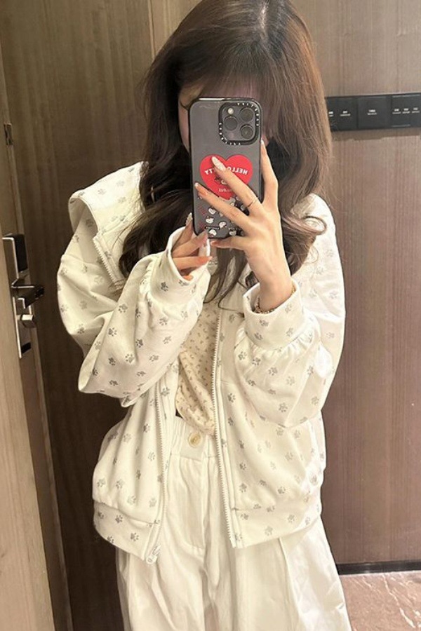 美式连帽卫衣耳朵可爱宽松新款爪印开衫上衣情侣慵懒春秋薄款外套