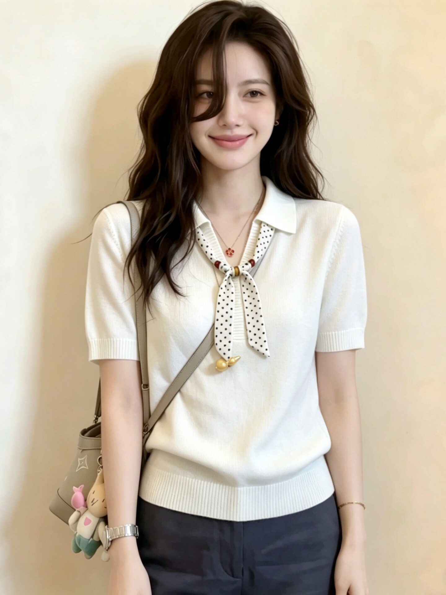 Áo thun nữ cổ Polo tay ngắn chất liệu lụa khăn thiết kế cảm giác mới — màu đen chi tiết 2