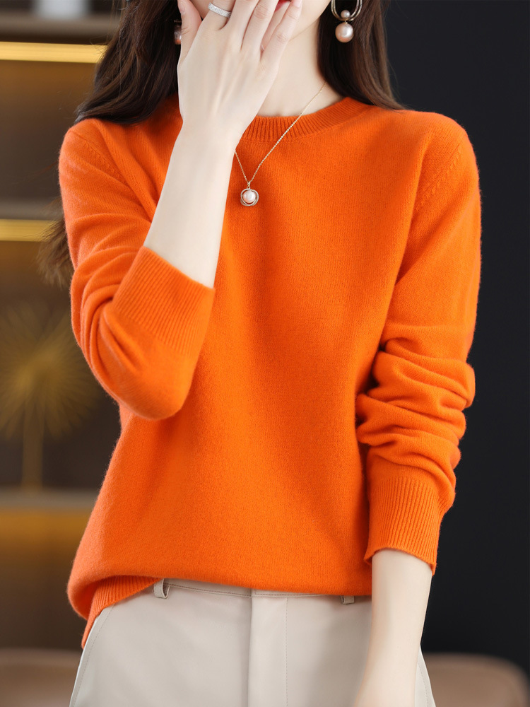 Nuevo otoño temprano cuello redondo 100 suéter de lana de las mujeres de moda simple flojo adelgazar punto manga larga que basa la camisa suéter de las mujeres