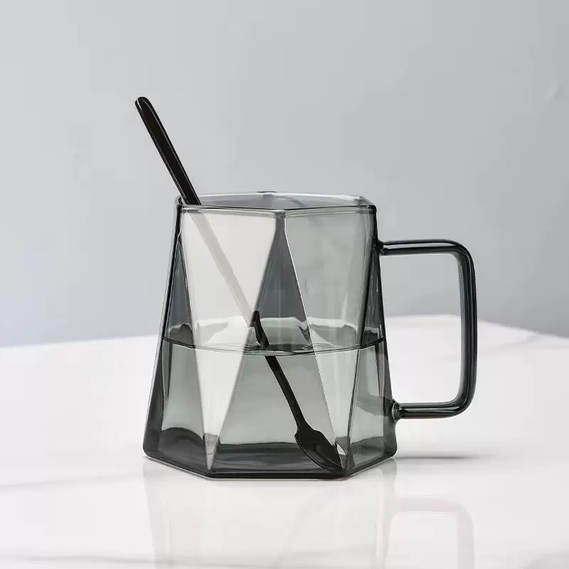 黑钻石玻璃杯加厚马克杯咖啡杯带勺把手耐高温轻奢玻璃办公室水杯