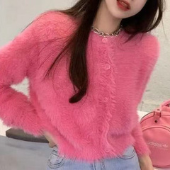 毛むくじゃらのセーターのカーディガンの女性の秋春の高腰の柔らかいモチモチの毛の上着の小さい背の短いミンクの毛のコート