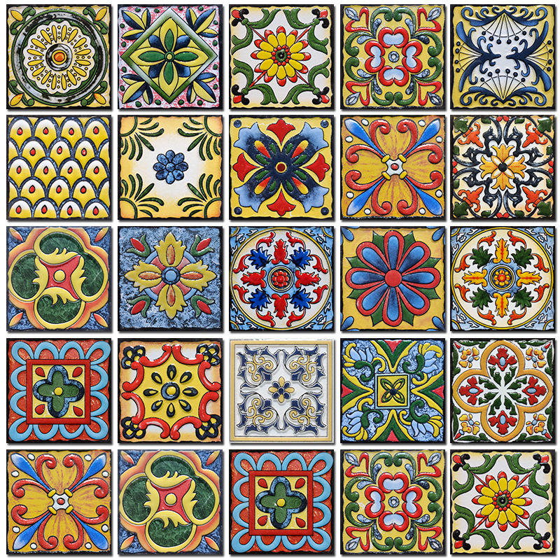 Glazed small tiles 100x 100 retro American pastoral waist line tiles kitchen bathroom background wall modeling flower pieces