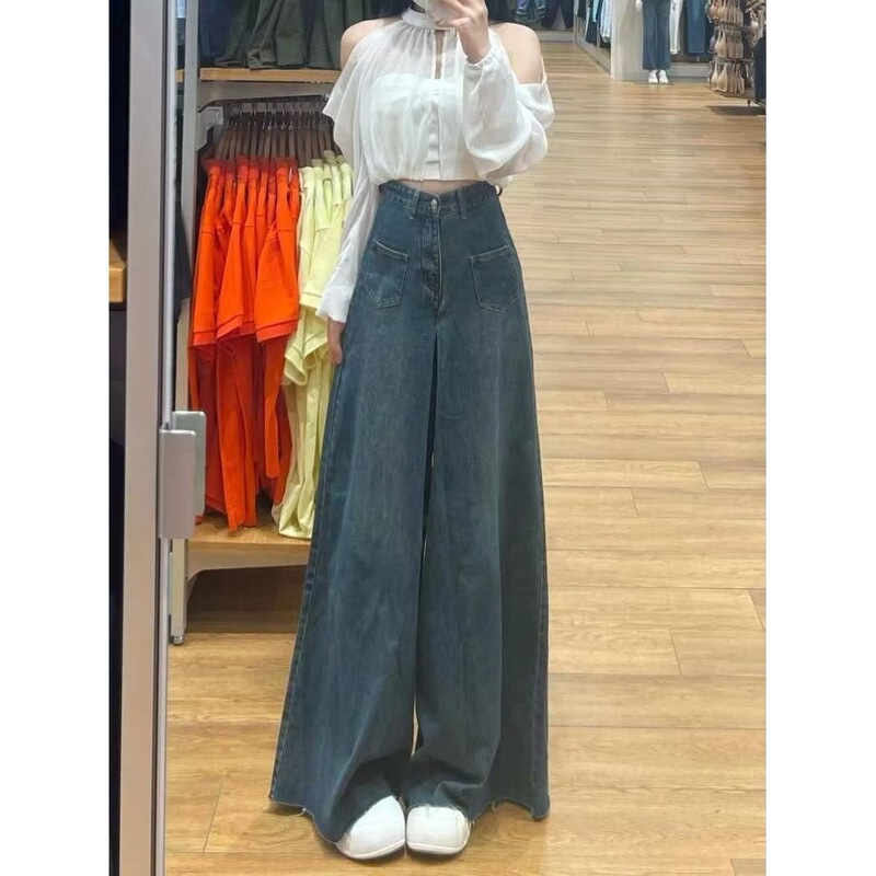 Long American-Style Thin Jeans, Flared, for Petite Women, New High-Waisted Loose Fit, Plus-Size Wide-Leg Pants Long American-Style Thin Jeans, Flared, for Petite Women, New High-Waisted Loose Fit, Plus-Size Wide-Leg Pants