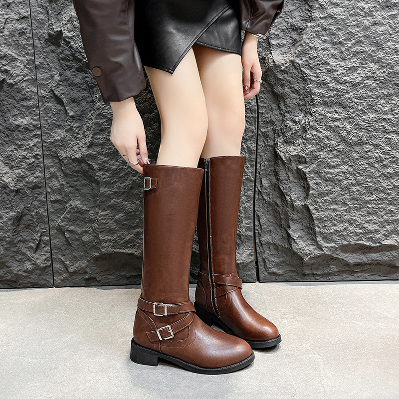Retro-Overknee-Stiefel mit Blockabsatz, Damen-Herbstmode, Gürtelschnalle, Reitstiefel in großen Größen_voghion.com
