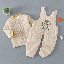婴儿开裆背带裤套装夹棉男宝宝女童秋冬季厚棉灯芯绒套装加厚两件