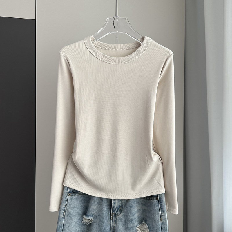 Right Shoulder Apricot Long-Sleeved Bottoming Shirt for Women in Autumn and Winter, Basic Slimming Look Threaded Autumn T-Shirt Thin Top