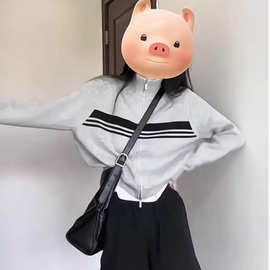 灰色毛衣外搭开衫外套女早秋装新款针织衫设计感小众短款上衣
